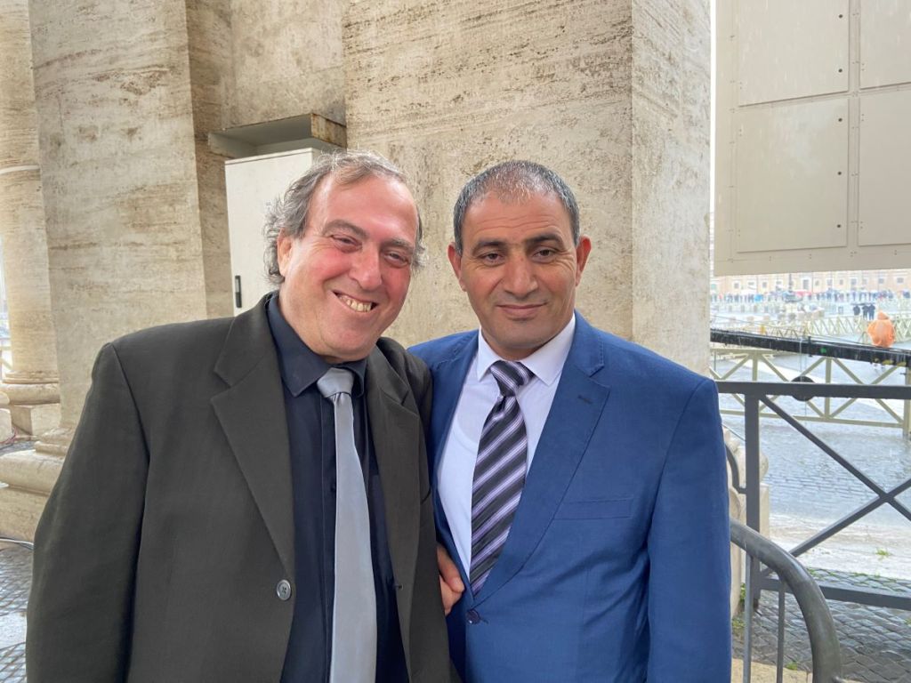 Rami Elhanan and Bassam Aramin, Israeli and Palestinian dads and peace activists who met Pope Francis before the general audience on March 27, 2024.