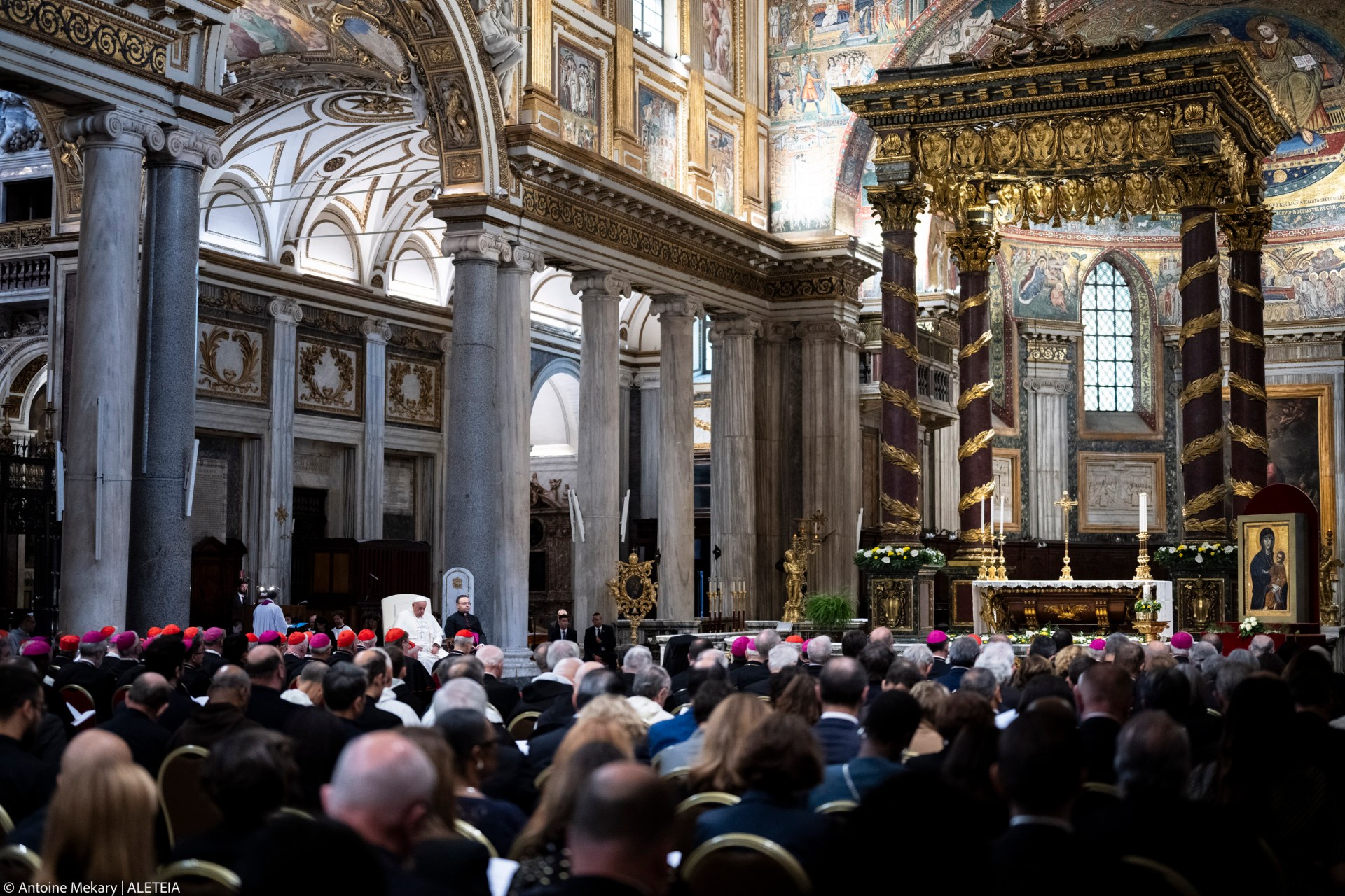 Pope Francis prays for the Rosary for Peace with members of the Synod Assembly in the basilica of Santa Maria Maggiore