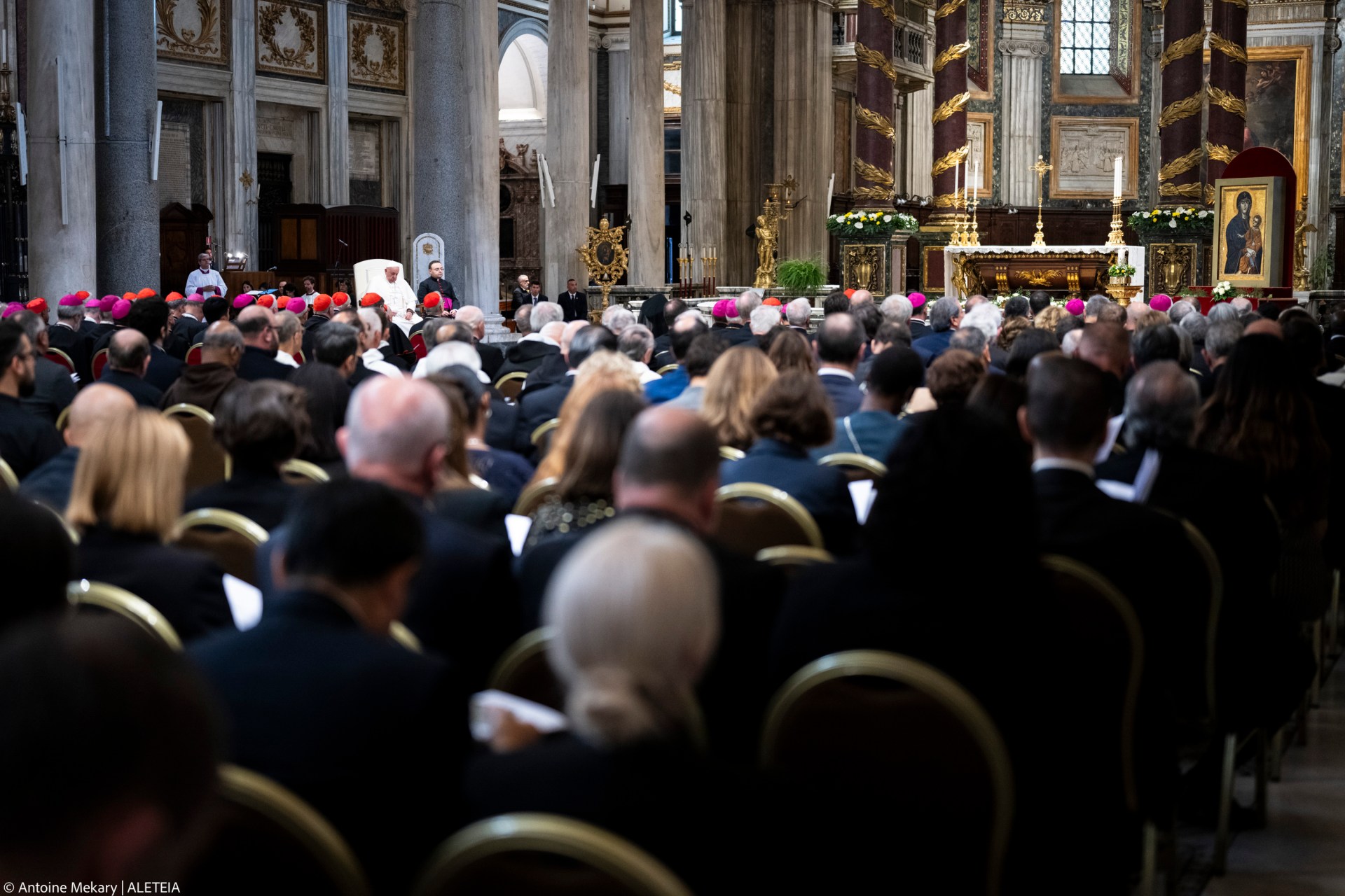Pope Francis prays for the Rosary for Peace with members of the Synod Assembly in the basilica of Santa Maria Maggiore