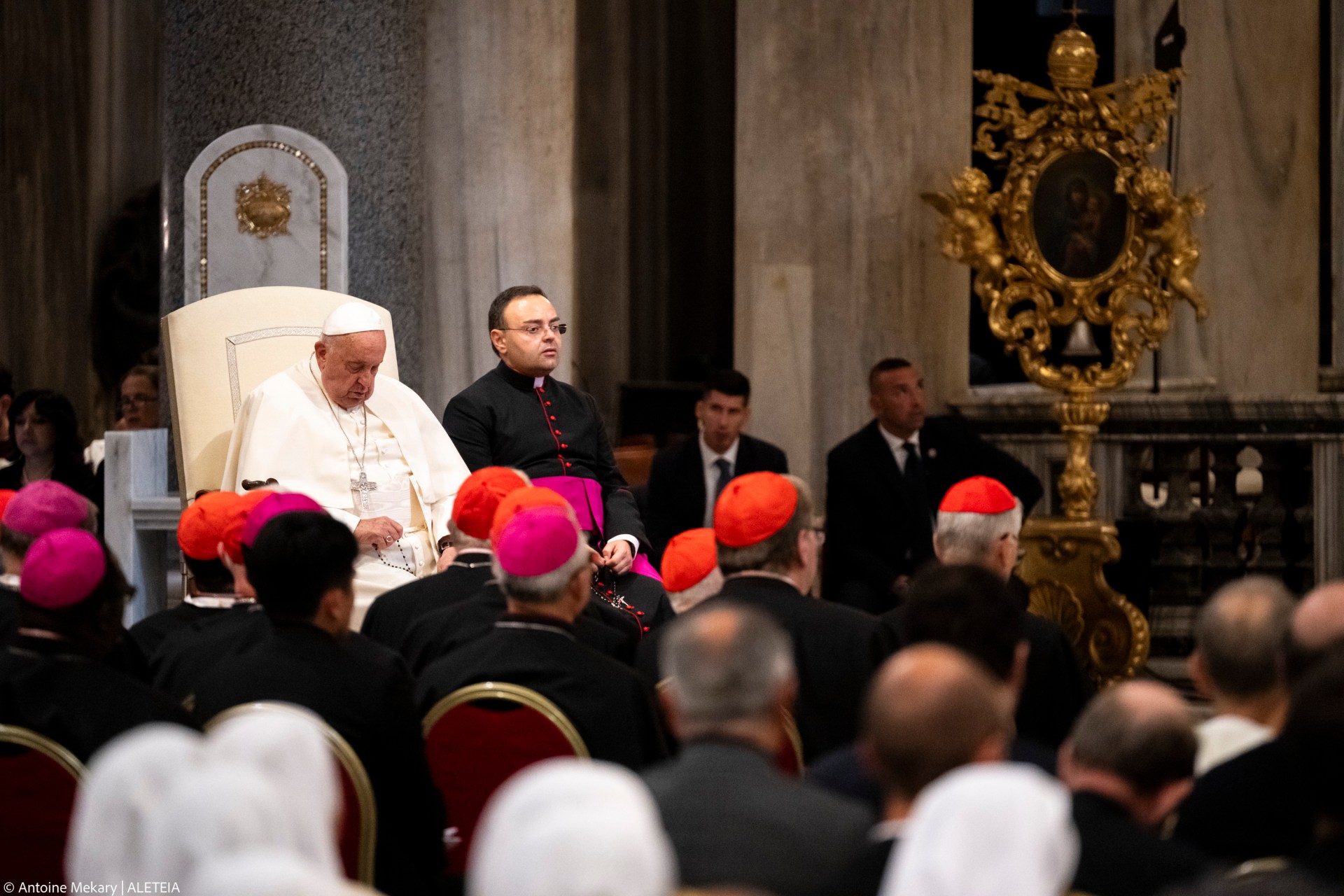 Pope Francis prays for the Rosary for Peace with members of the Synod Assembly in the basilica of Santa Maria Maggiore